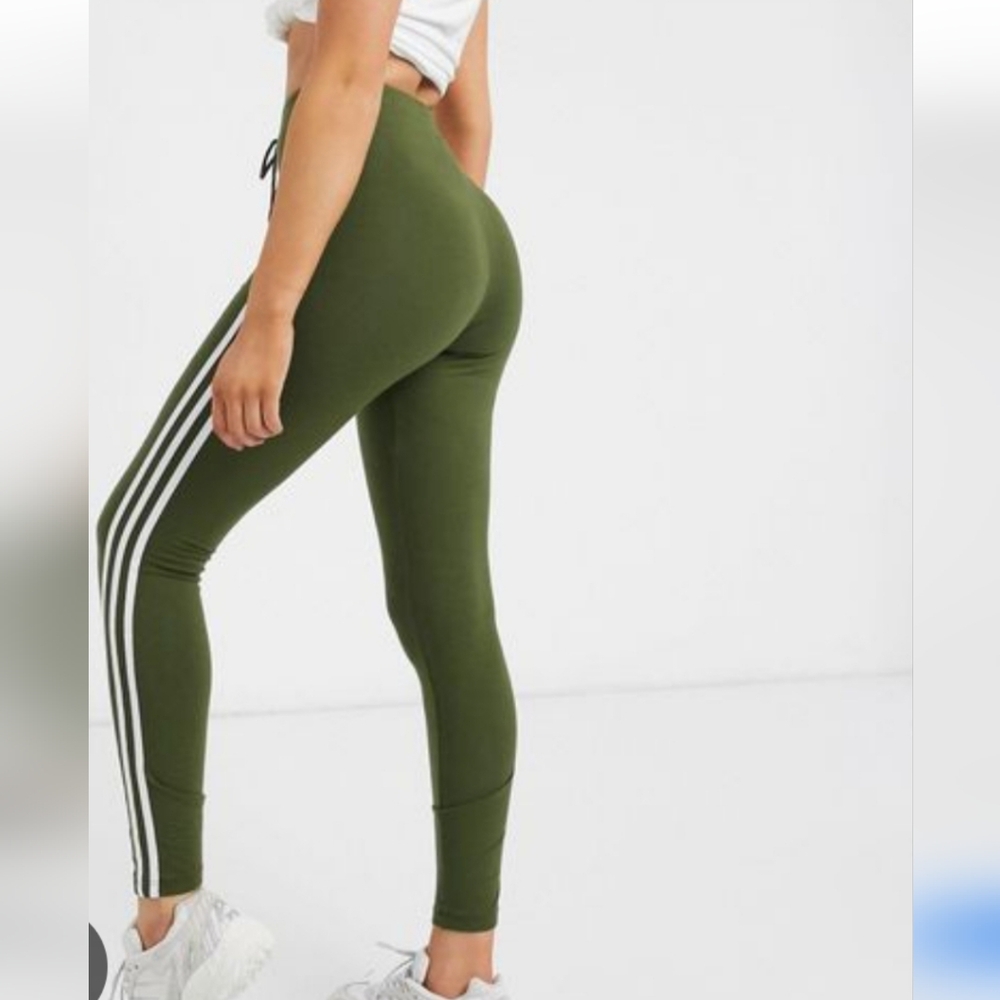 ADIDAS Women's Olive Green White Stripe Yoga Exercise Leggings